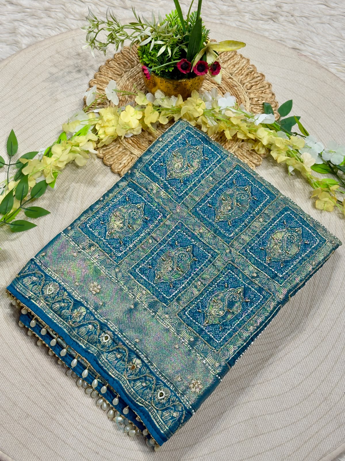 SHAGUN FASHION Luxury Banarasi Silk Saree with Heavy Handwork & Pearl Border