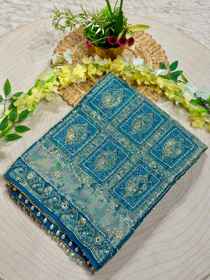 SHAGUN FASHION Luxury Banarasi Silk Saree with Heavy Handwork & Pearl Border