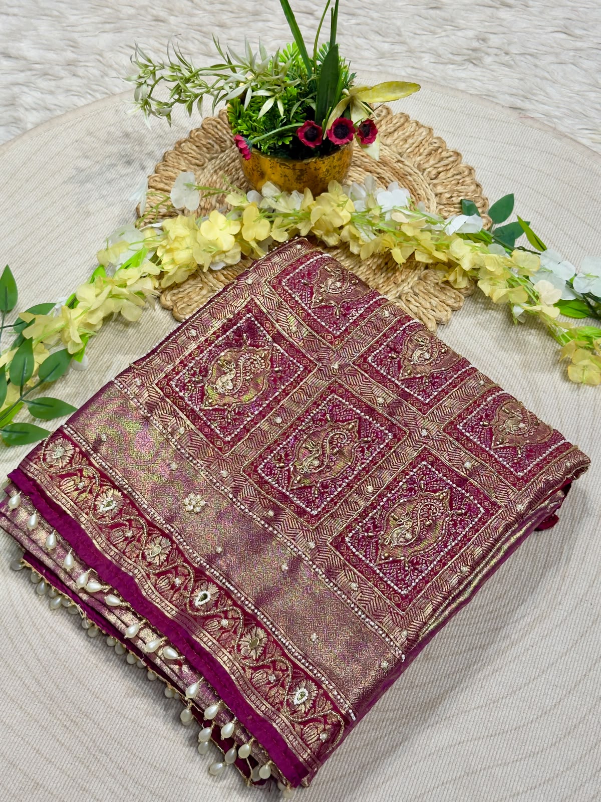 SHAGUN FASHION Luxury Banarasi Silk Saree with Heavy Handwork & Pearl Border