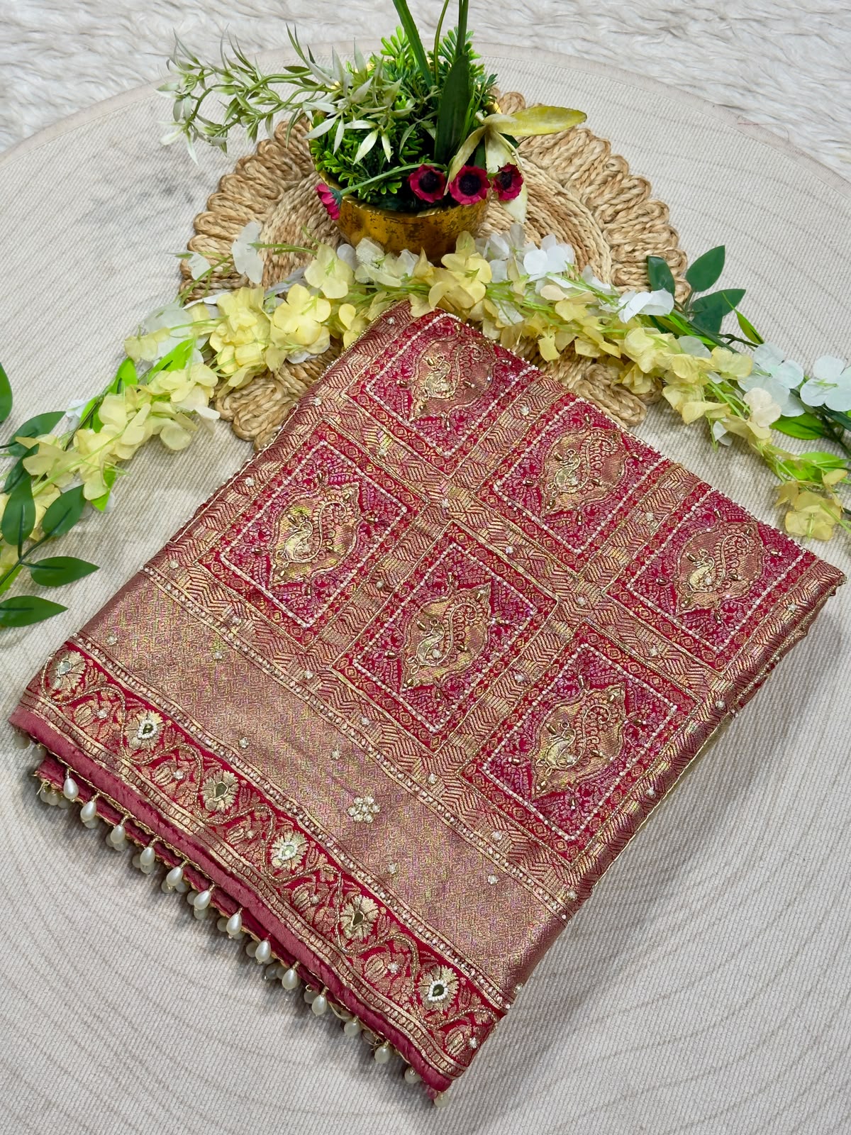 SHAGUN FASHION Luxury Banarasi Silk Saree with Heavy Handwork & Pearl Border