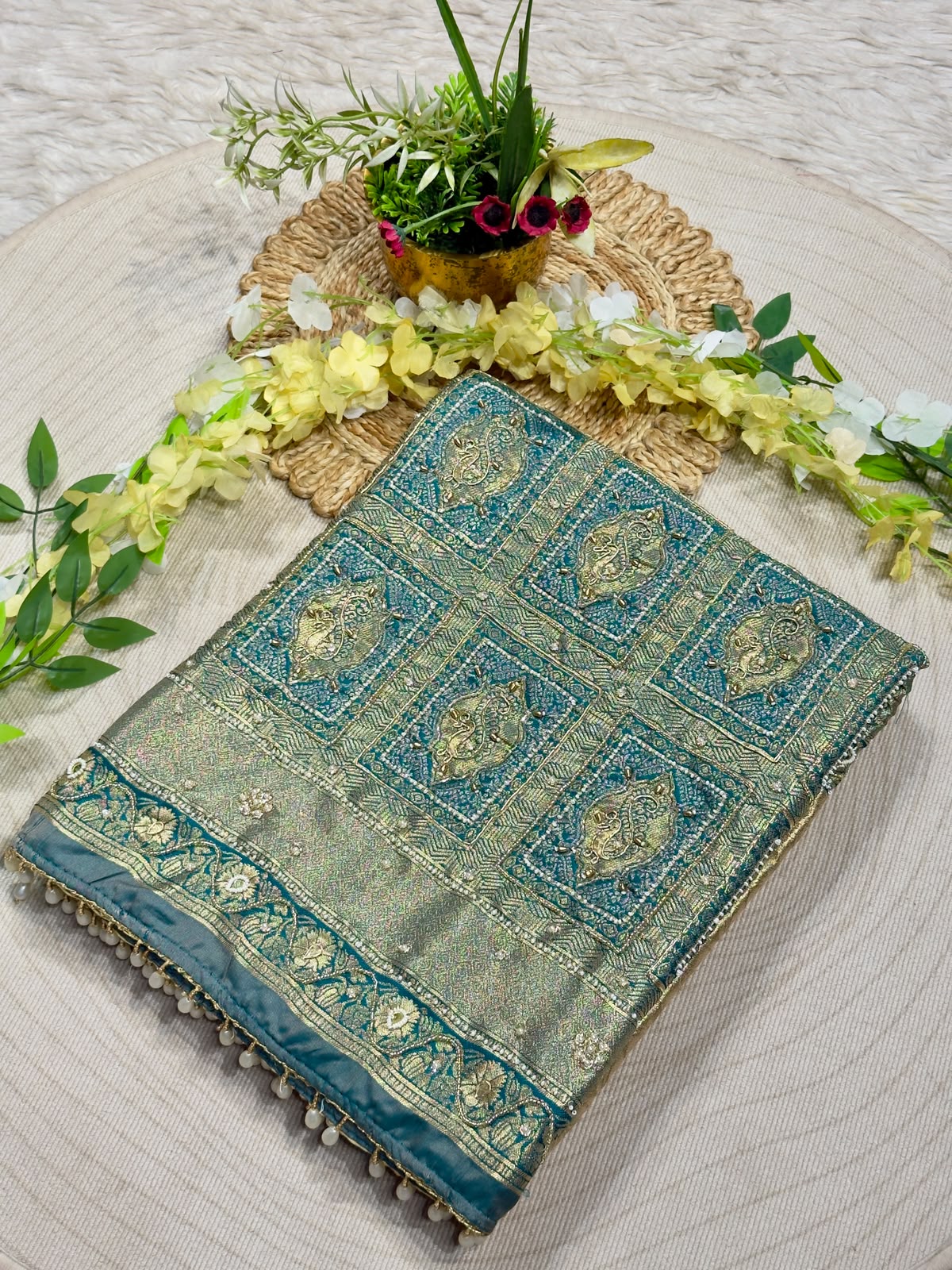 SHAGUN FASHION Luxury Banarasi Silk Saree with Heavy Handwork & Pearl Border
