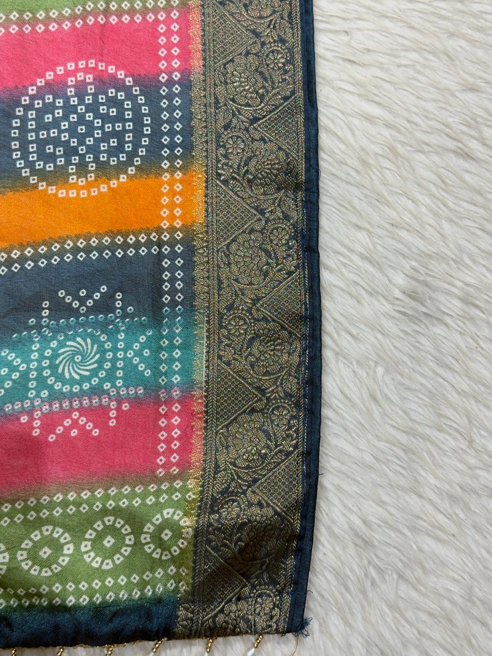 SHAGUN FASHION Multi-Color Bandhani Print Saree with Golden Zari Border