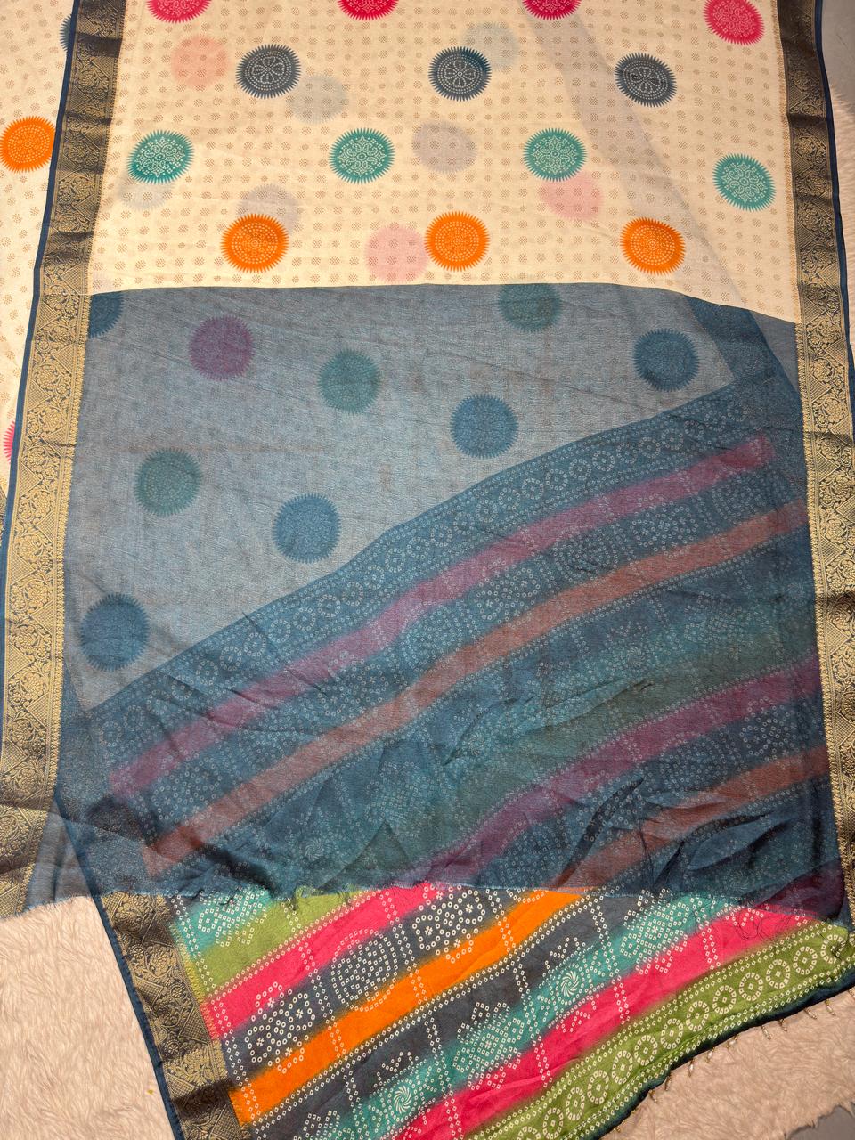 SHAGUN FASHION Multi-Color Bandhani Print Saree with Golden Zari Border