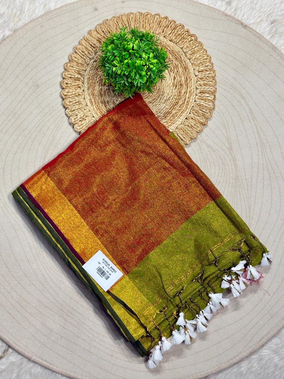 SHAGUN FASHION – Metallic Glaze Tissue Linen Saree