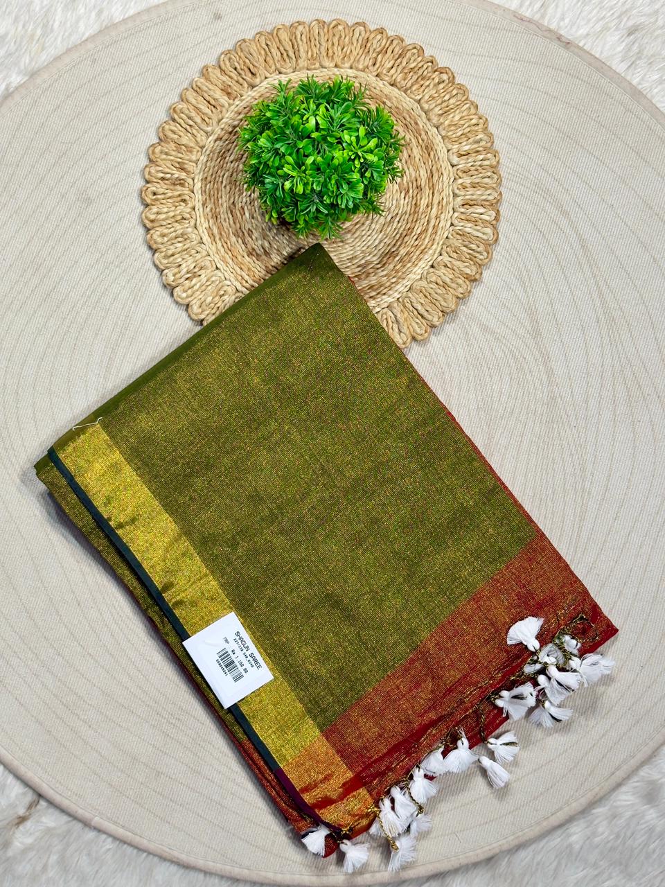 SHAGUN FASHION – Metallic Glaze Tissue Linen Saree