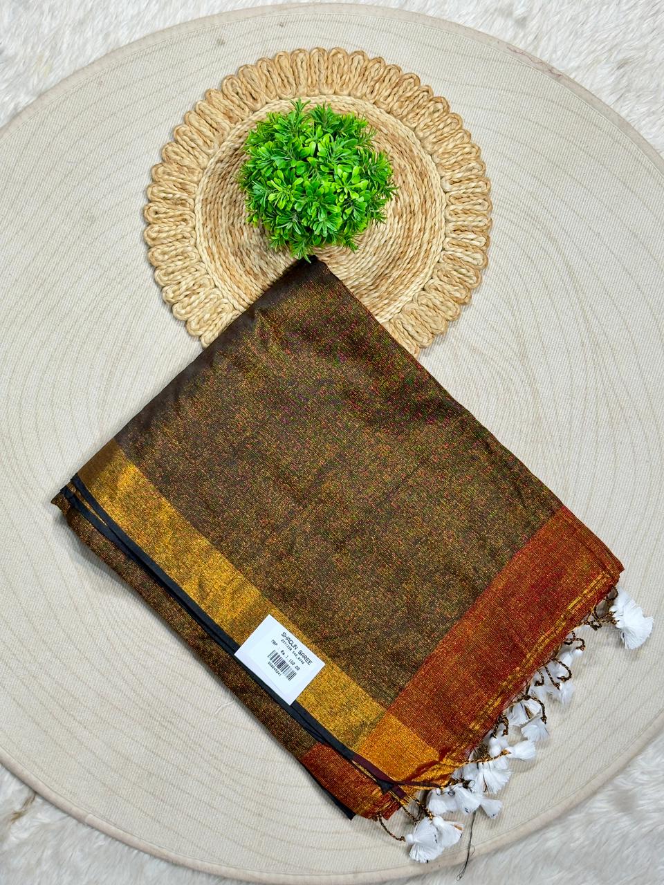 SHAGUN FASHION – Metallic Glaze Tissue Linen Saree