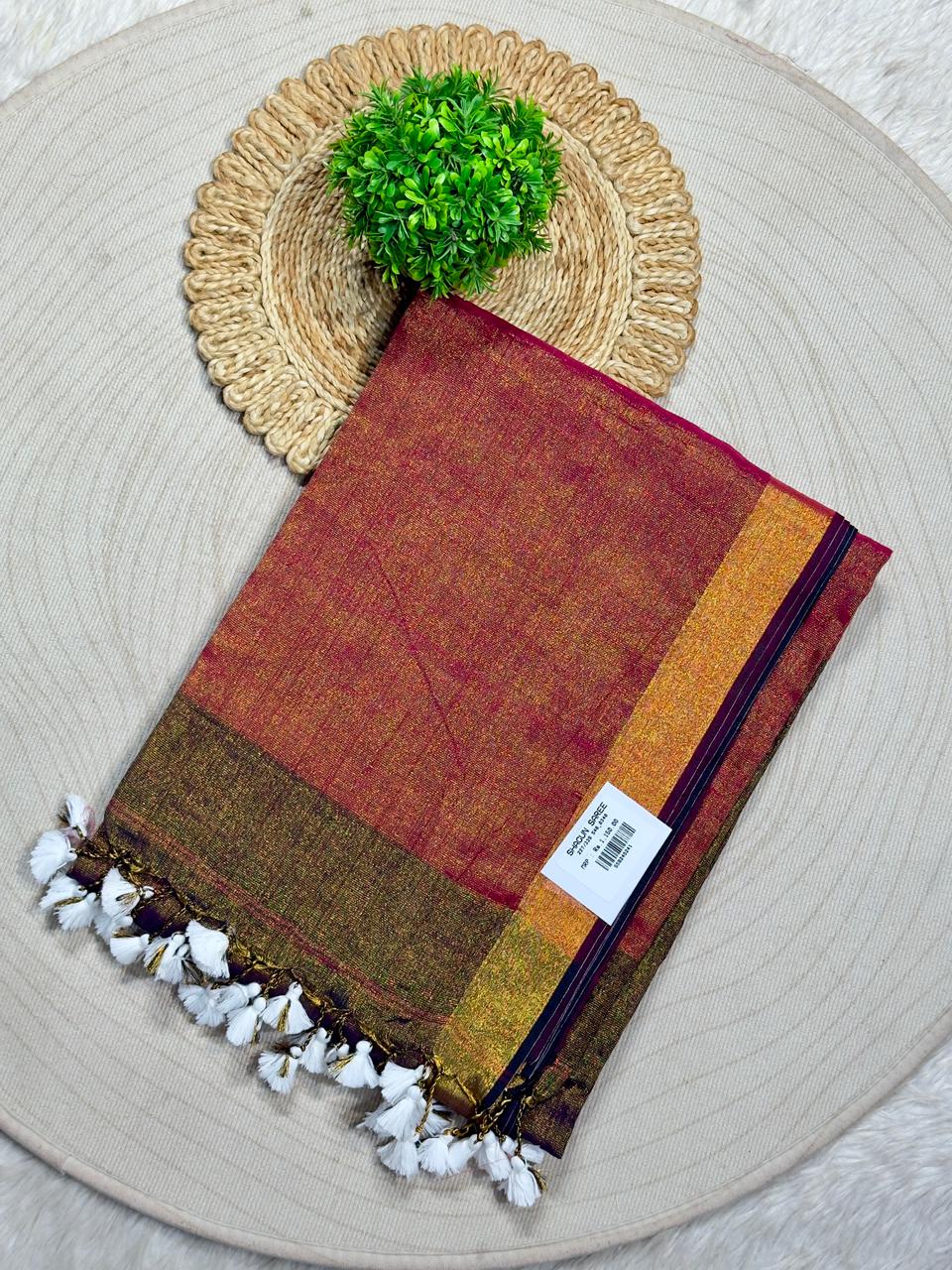 SHAGUN FASHION – Metallic Glaze Tissue Linen Saree