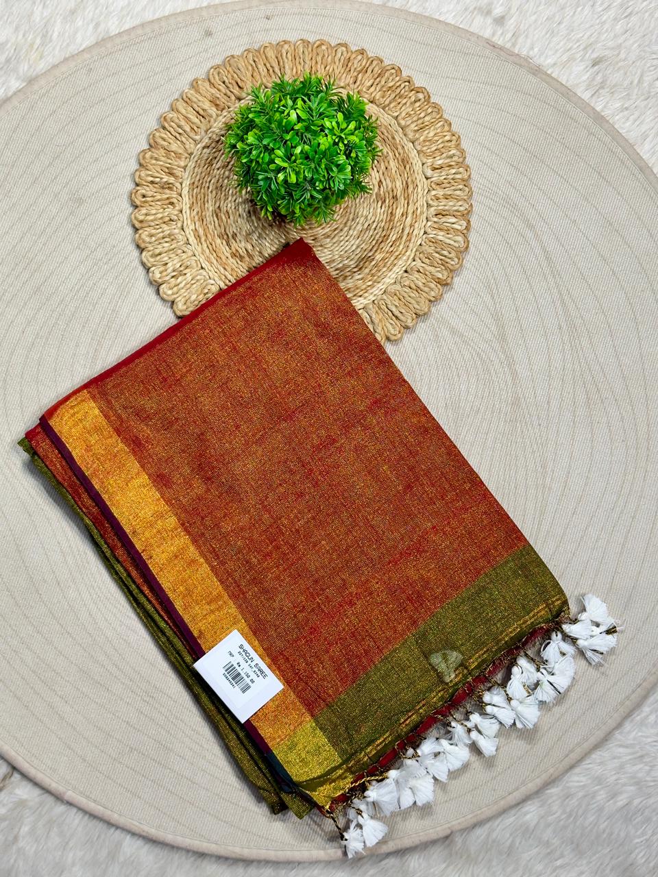 SHAGUN FASHION – Metallic Glaze Tissue Linen Saree
