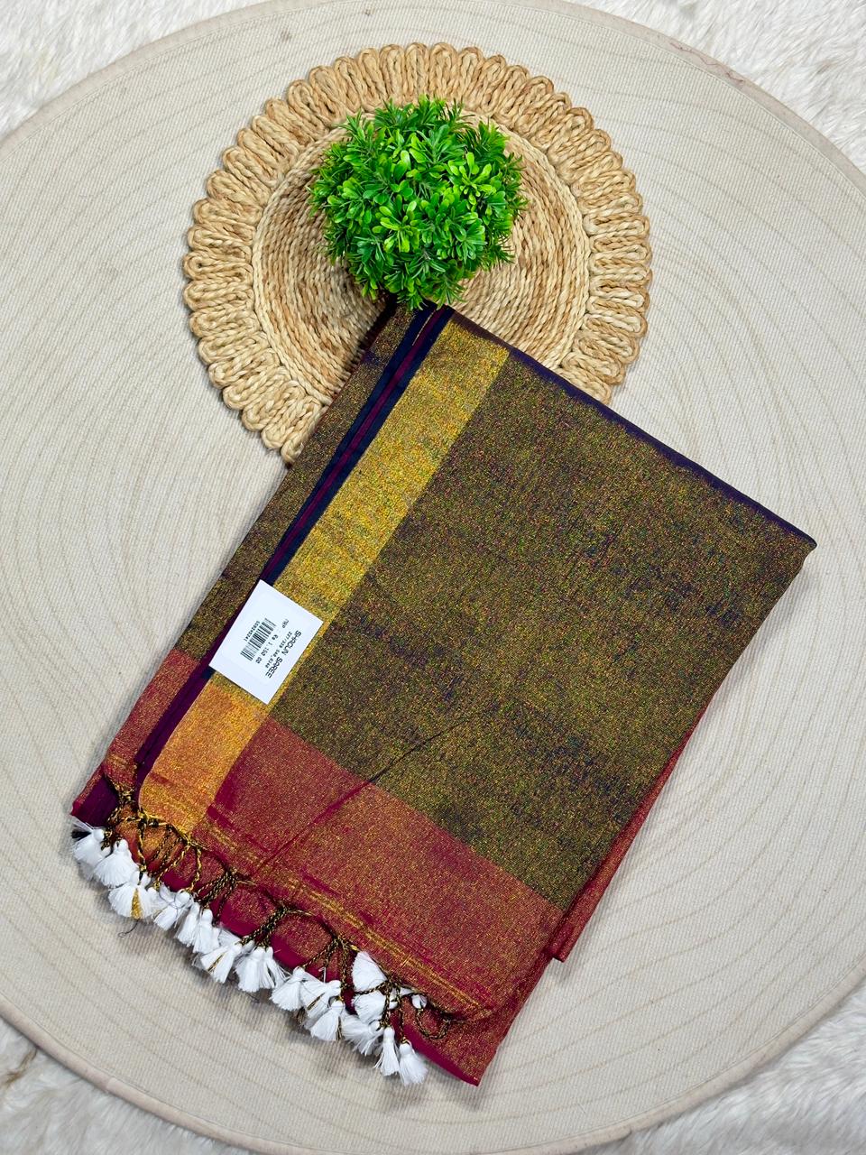 SHAGUN FASHION – Metallic Glaze Tissue Linen Saree