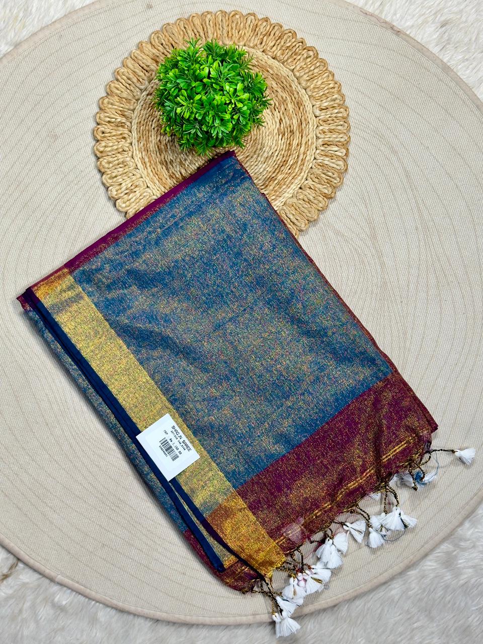 SHAGUN FASHION – Metallic Glaze Tissue Linen Saree