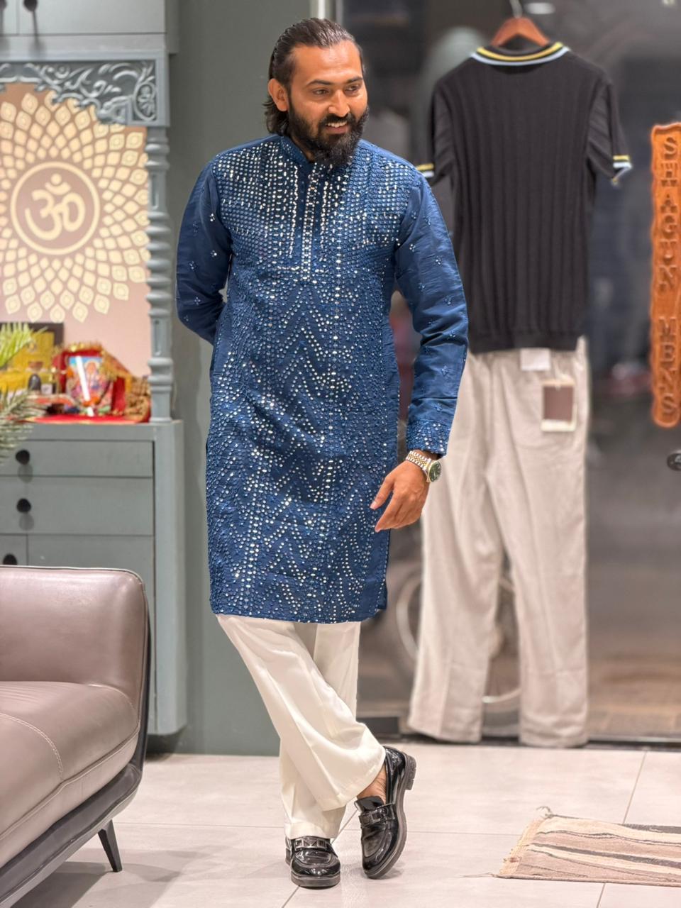 SHAGUN FASHION Premium Men's Mirror Work Lucknowi Kurta Set