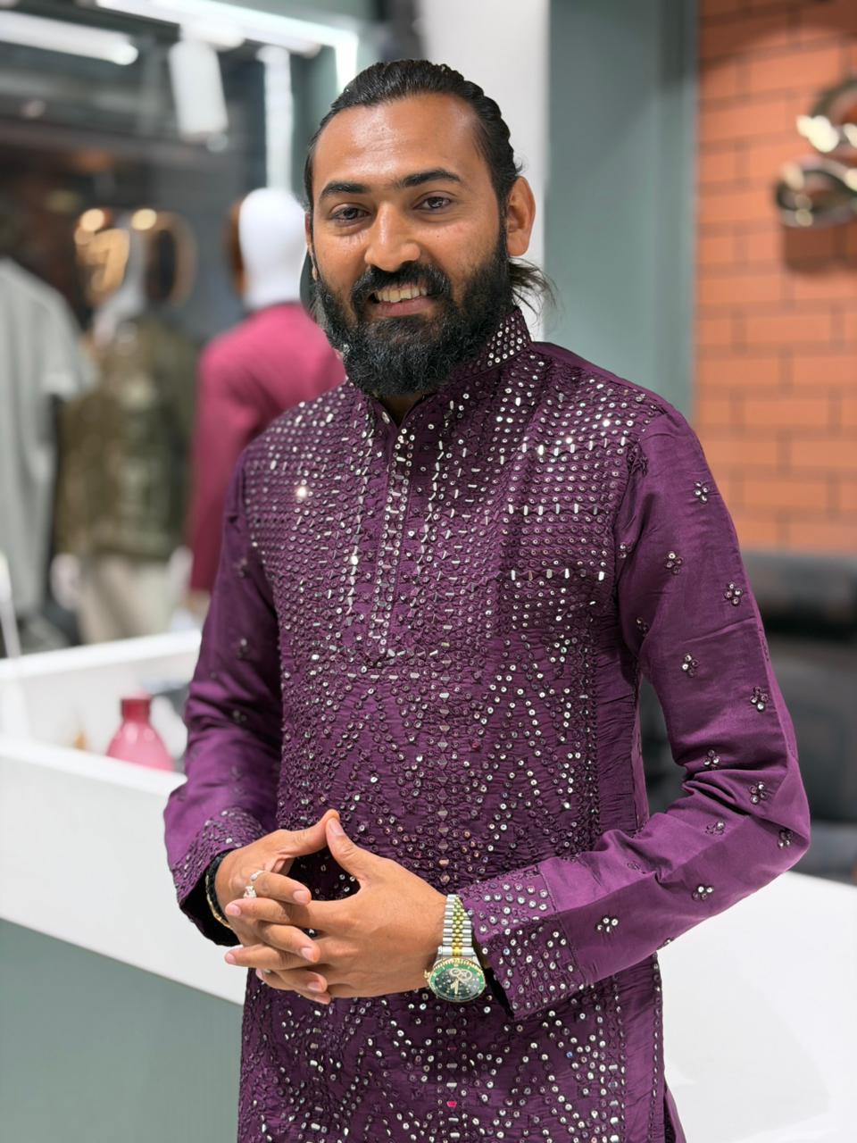 SHAGUN FASHION Premium Men's Mirror Work Lucknowi Kurta Set
