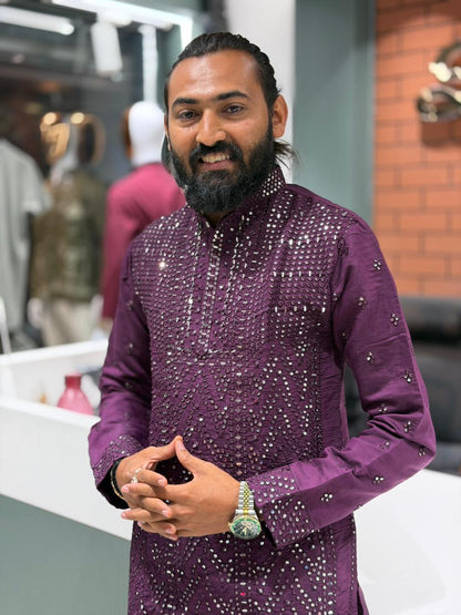 SHAGUN FASHION Premium Men's Mirror Work Lucknowi Kurta Set