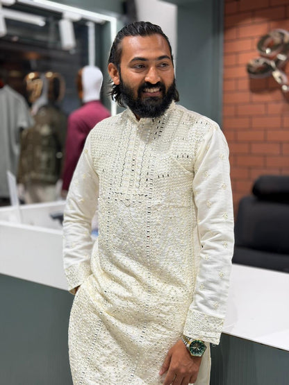 SHAGUN FASHION Premium Men's Mirror Work Lucknowi Kurta Set