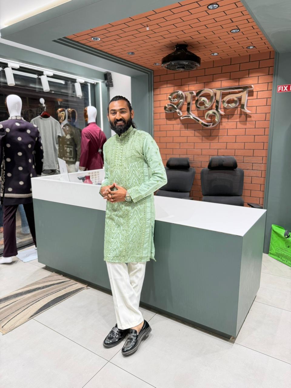 SHAGUN FASHION Premium Men's Mirror Work Lucknowi Kurta Set