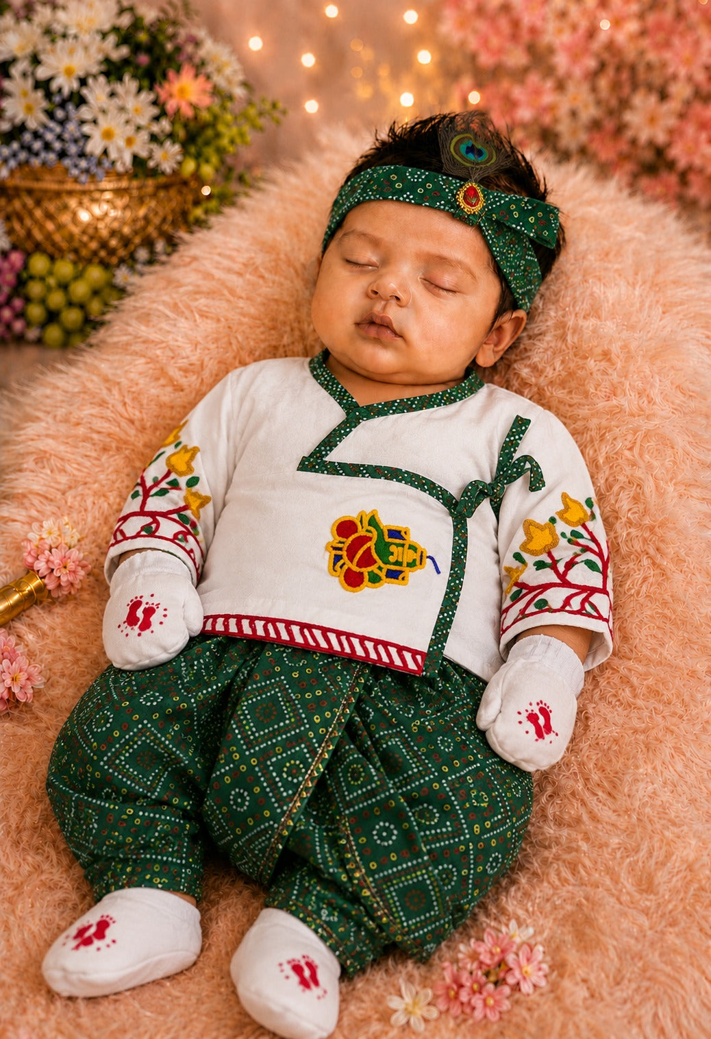 SHAGUN FASHION Cute Krishna & Ganesha Ethnic Dhoti Kurta Set for Newborn Babies