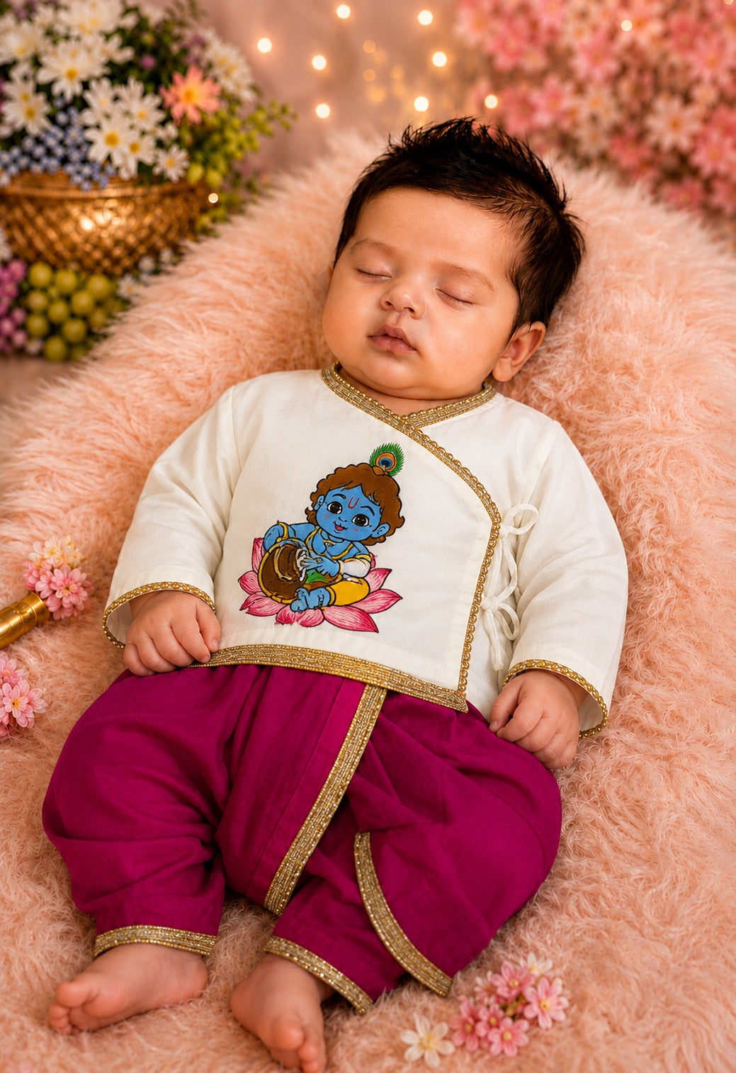 SHAGUN FASHION Cute Krishna & Ganesha Ethnic Dhoti Kurta Set for Newborn Babies
