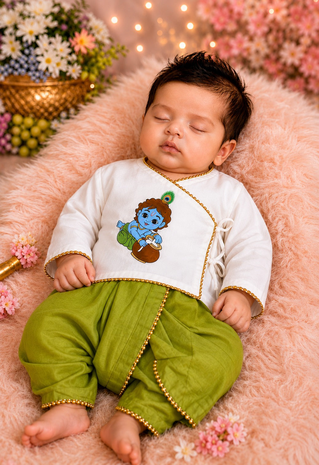 SHAGUN FASHION Cute Krishna & Ganesha Ethnic Dhoti Kurta Set for Newborn Babies