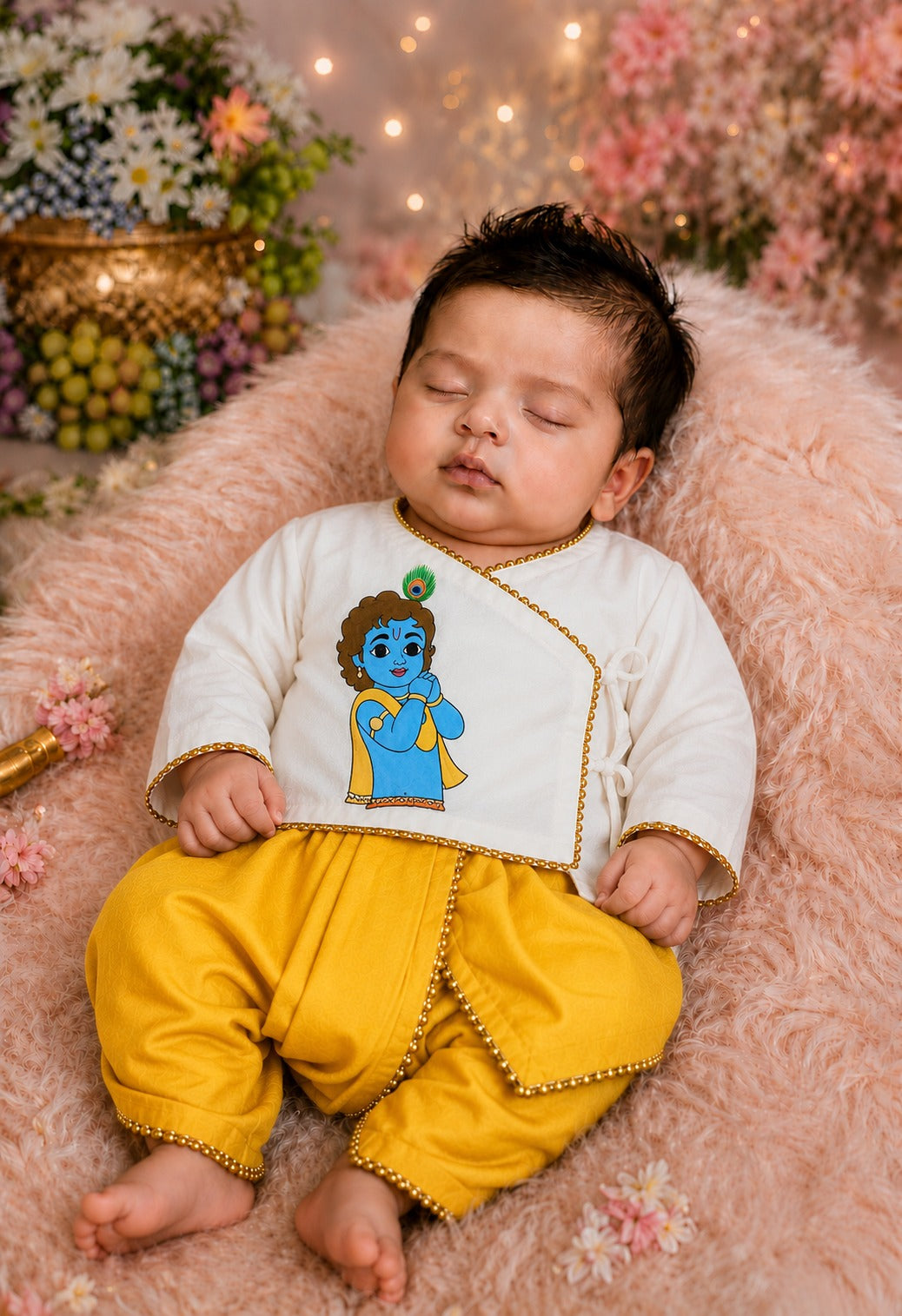 SHAGUN FASHION Cute Krishna & Ganesha Ethnic Dhoti Kurta Set for Newborn Babies
