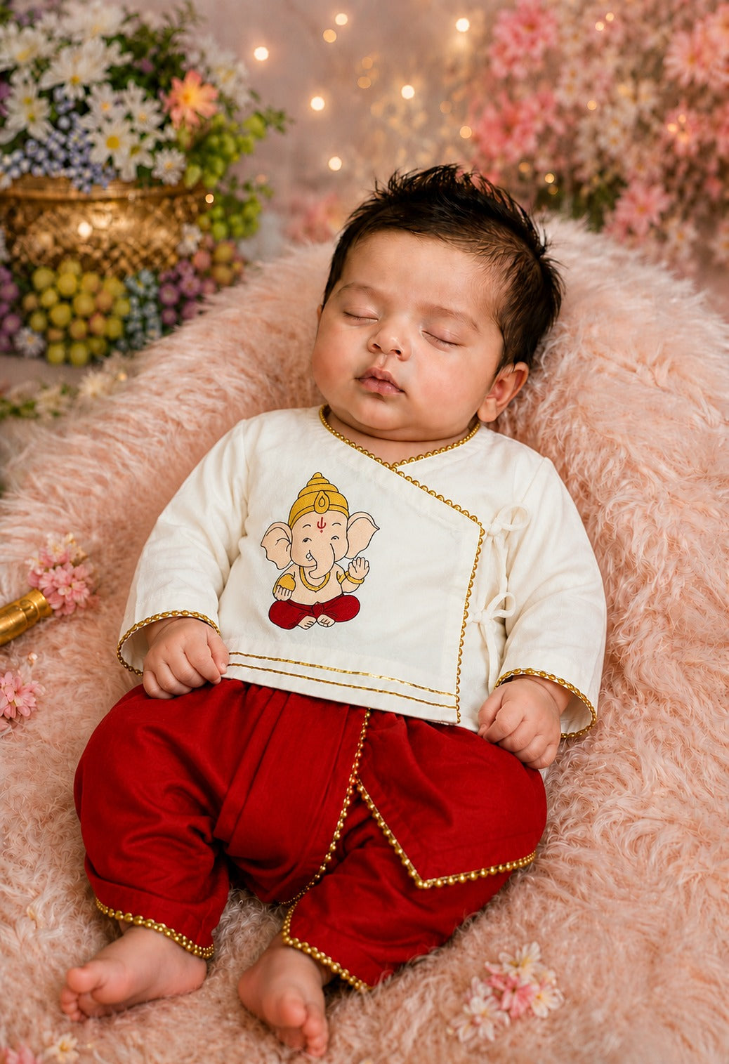 SHAGUN FASHION Cute Krishna & Ganesha Ethnic Dhoti Kurta Set for Newborn Babies
