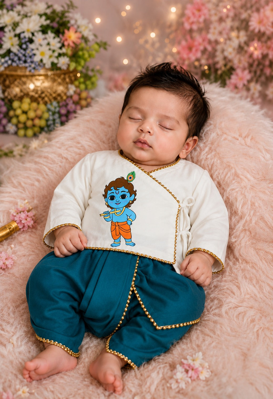 SHAGUN FASHION Cute Krishna & Ganesha Ethnic Dhoti Kurta Set for Newborn Babies