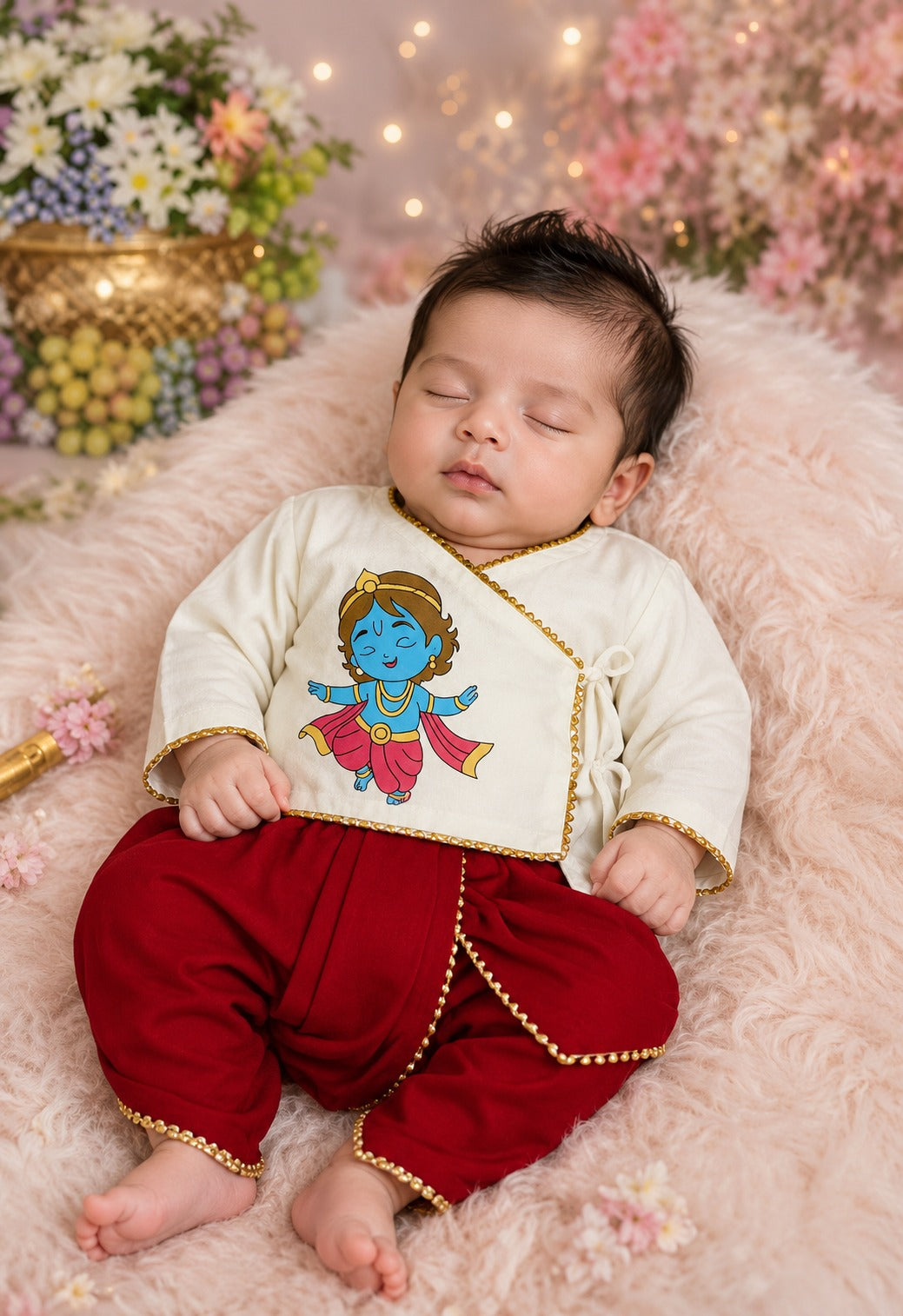 SHAGUN FASHION Cute Krishna & Ganesha Ethnic Dhoti Kurta Set for Newborn Babies