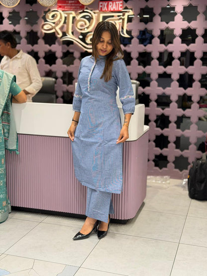 SHAGUN FASHION Premium Blue Cotton Kurta and Pant Set