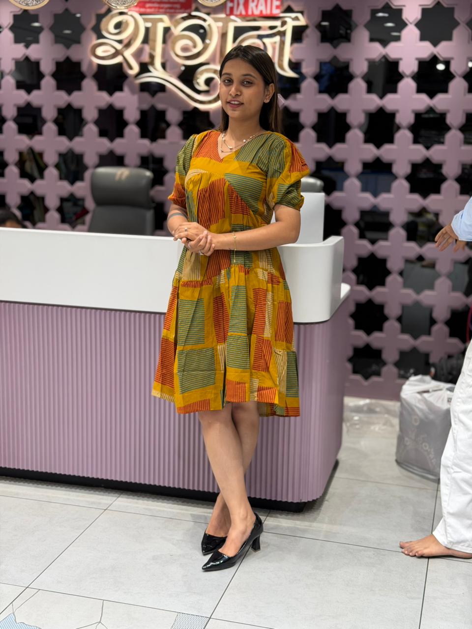 SHAGUN FASHION Must-Have Mustard Geometric Printed One-Piece Dress