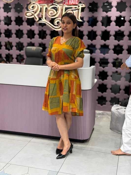SHAGUN FASHION Must-Have Mustard Geometric Printed One-Piece Dress