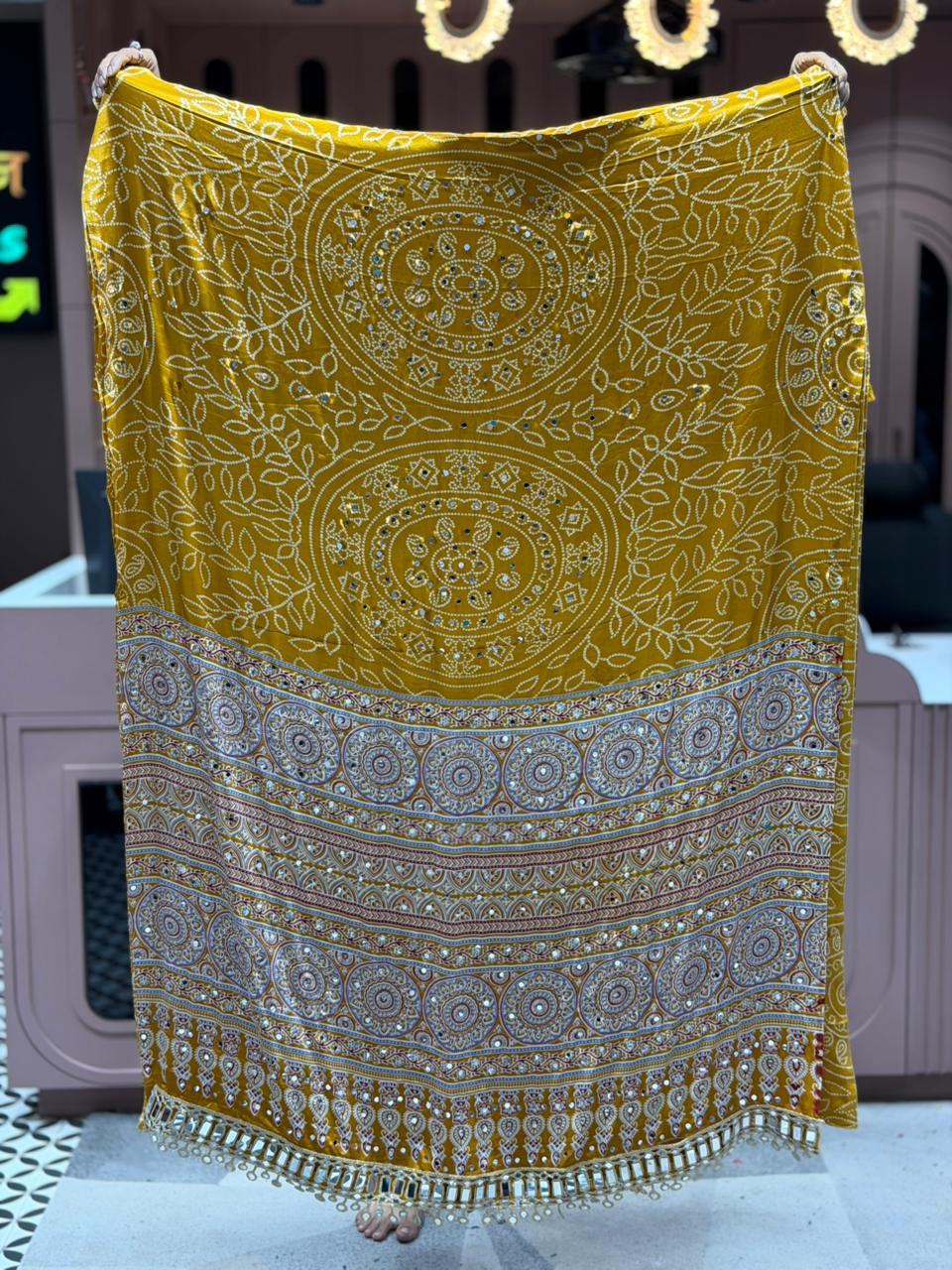 SHAGUN FASHION Exclusive Traditional Bandhani Saree with Heavy Mirror Work Border and Beautiful Ajrakh Print Pallu