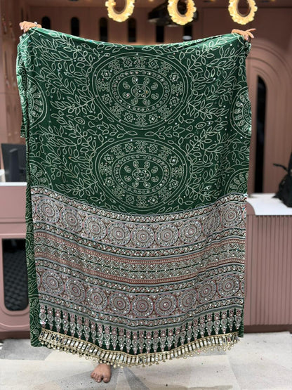 SHAGUN FASHION Exclusive Traditional Bandhani Saree with Heavy Mirror Work Border and Beautiful Ajrakh Print Pallu