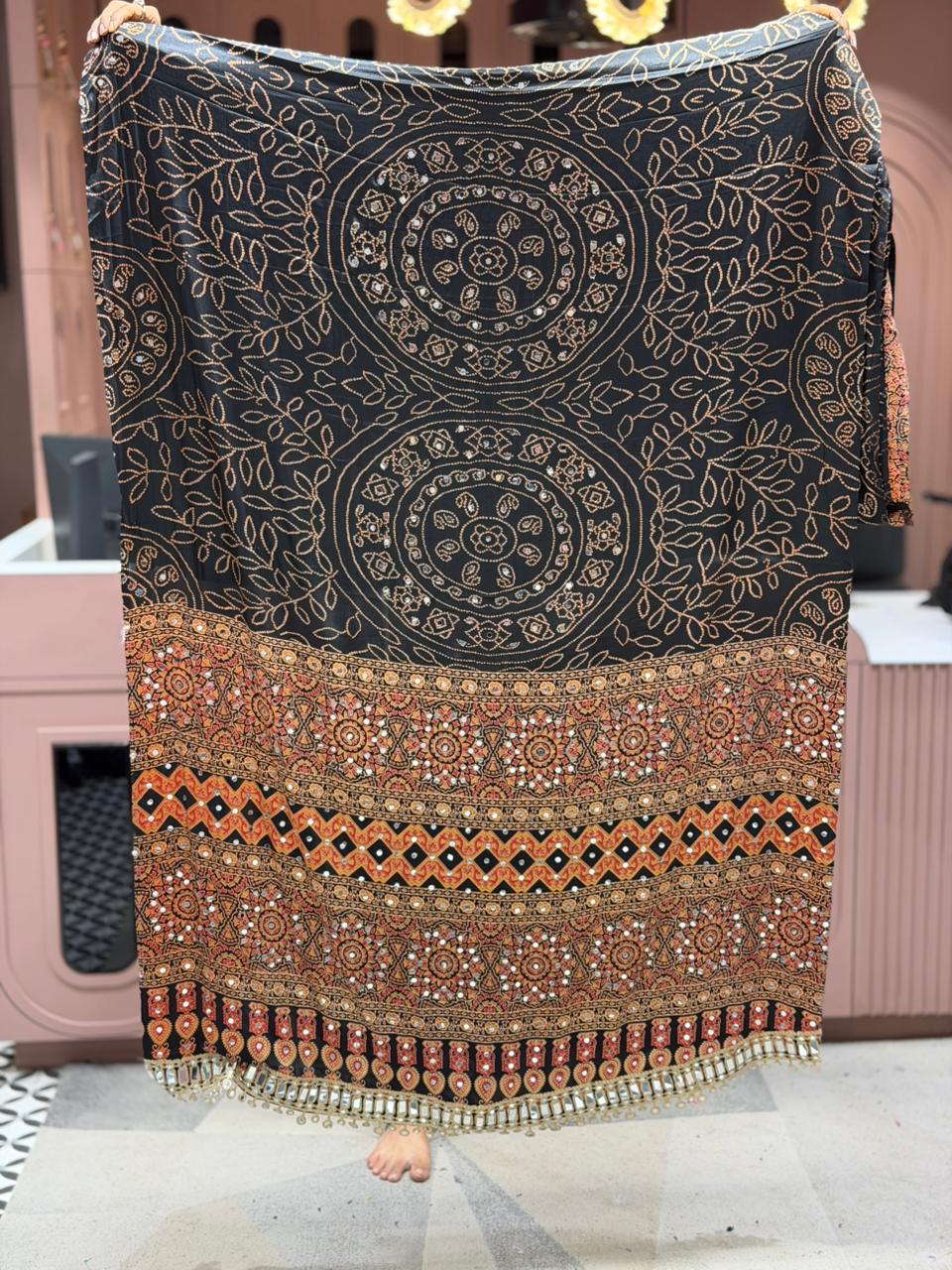 SHAGUN FASHION Exclusive Traditional Bandhani Saree with Heavy Mirror Work Border and Beautiful Ajrakh Print Pallu