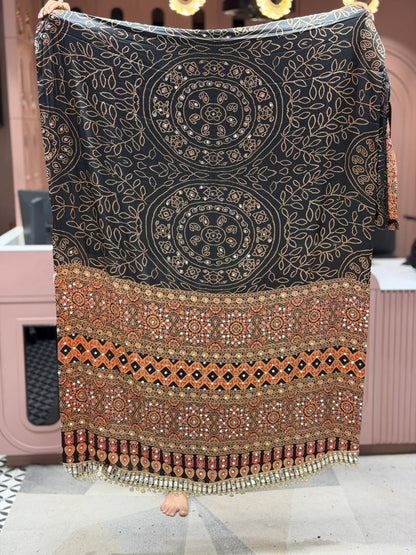 SHAGUN FASHION Exclusive Traditional Bandhani Saree with Heavy Mirror Work Border and Beautiful Ajrakh Print Pallu