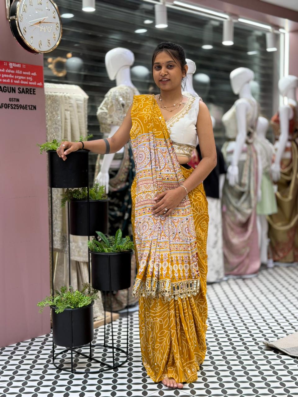 SHAGUN FASHION Exclusive Traditional Bandhani Saree with Heavy Mirror Work Border and Beautiful Ajrakh Print Pallu