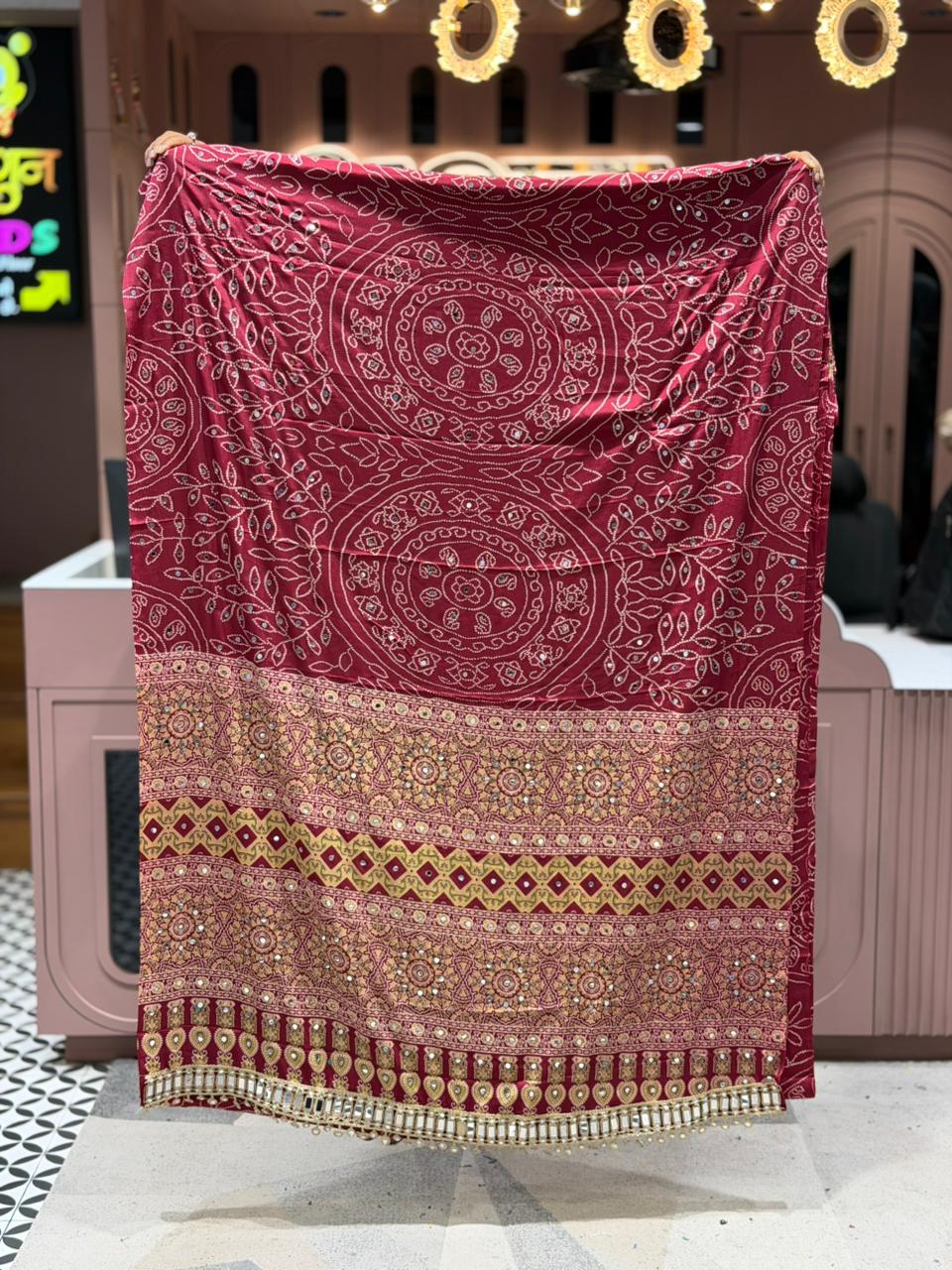 SHAGUN FASHION Exclusive Traditional Bandhani Saree with Heavy Mirror Work Border and Beautiful Ajrakh Print Pallu