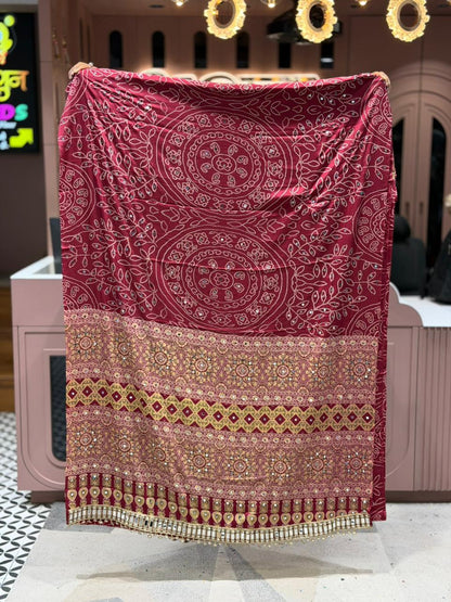 SHAGUN FASHION Exclusive Traditional Bandhani Saree with Heavy Mirror Work Border and Beautiful Ajrakh Print Pallu