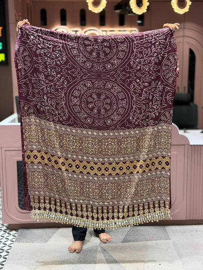 SHAGUN FASHION Exclusive Traditional Bandhani Saree with Heavy Mirror Work Border and Beautiful Ajrakh Print Pallu