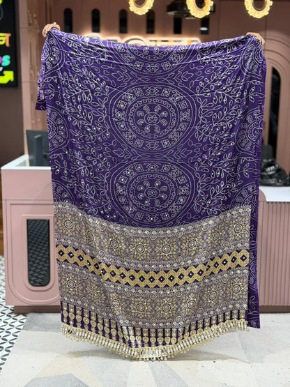 SHAGUN FASHION Exclusive Traditional Bandhani Saree with Heavy Mirror Work Border and Beautiful Ajrakh Print Pallu