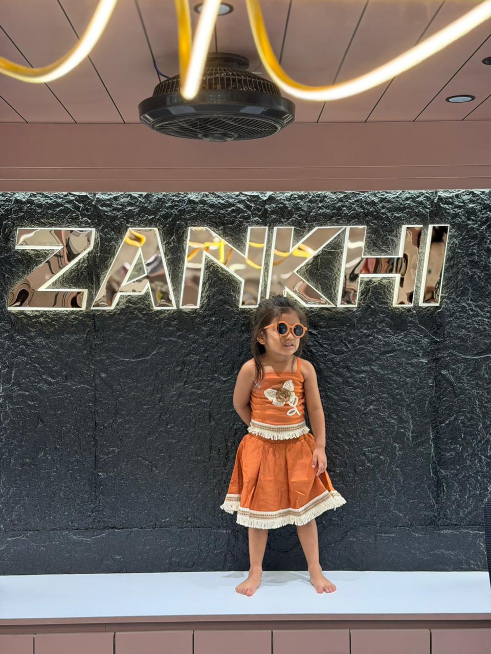 SHAGUN FASHION Cute Rust Orange Cotton Crop Top & Skirt Set with Cool Fringe Details for Little Girls