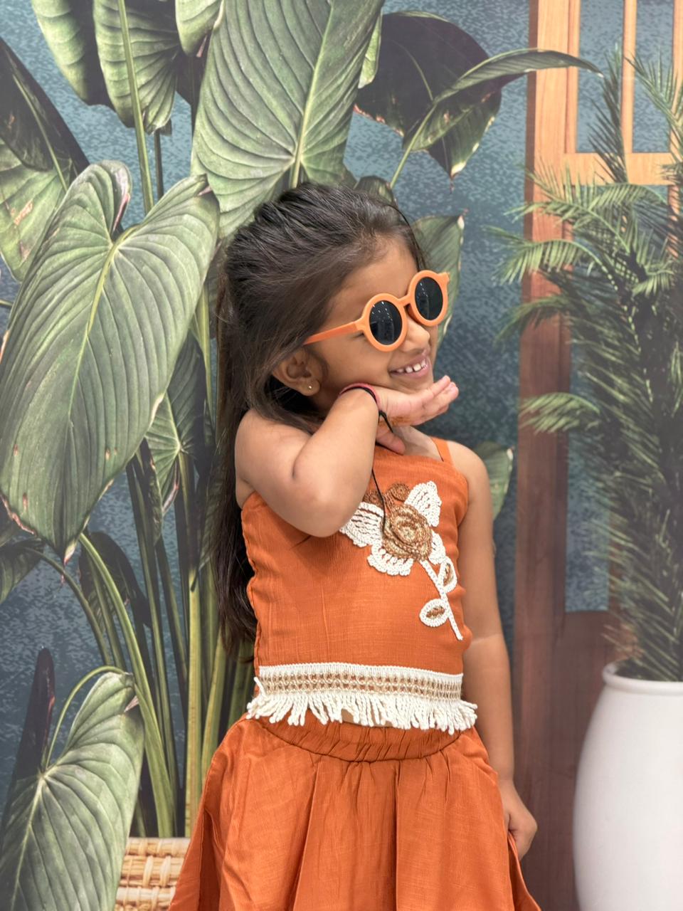 SHAGUN FASHION Cute Rust Orange Cotton Crop Top & Skirt Set with Cool Fringe Details for Little Girls