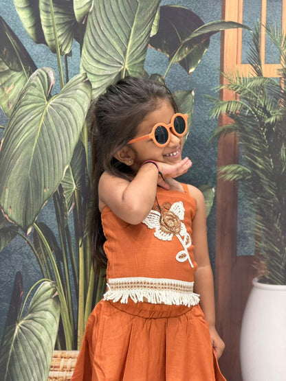 SHAGUN FASHION Cute Rust Orange Cotton Crop Top & Skirt Set with Cool Fringe Details for Little Girls