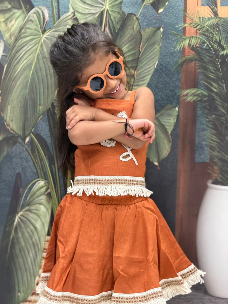 SHAGUN FASHION Cute Rust Orange Cotton Crop Top & Skirt Set with Cool Fringe Details for Little Girls