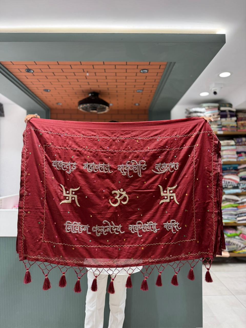 SHAGUN FASHION Premium Ganpati Mantra Cotton Khadi Saree with Latkan tassels