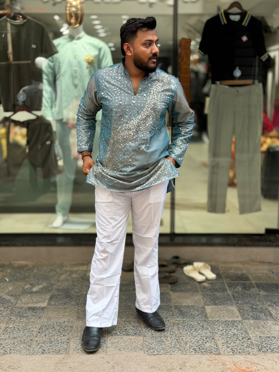SHAGUN FASHION Party-Wear Mirror Work Short Kurta For Men