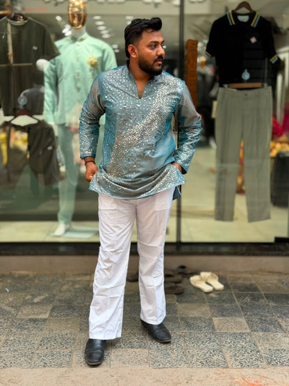 SHAGUN FASHION Party-Wear Mirror Work Short Kurta For Men