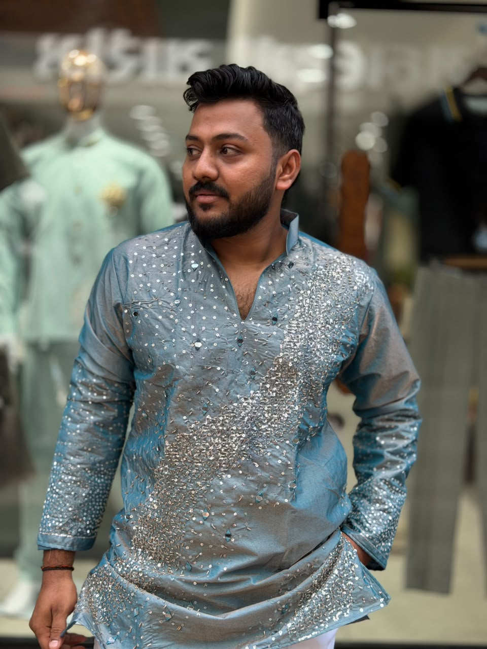 SHAGUN FASHION Party-Wear Mirror Work Short Kurta For Men
