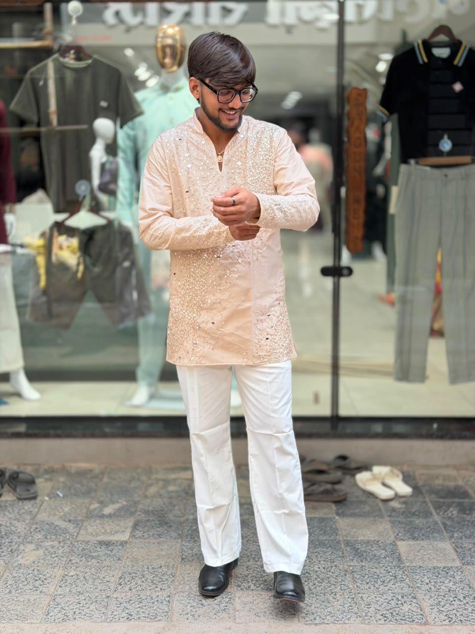 SHAGUN FASHION Party-Wear Mirror Work Short Kurta For Men