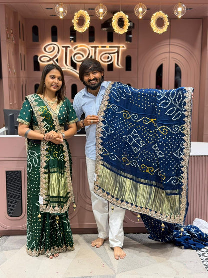 Traditional Pure Gajji Silk Bandhani Saree with Heavy Zari Lagdi Patta & Designer Blouse Piece
