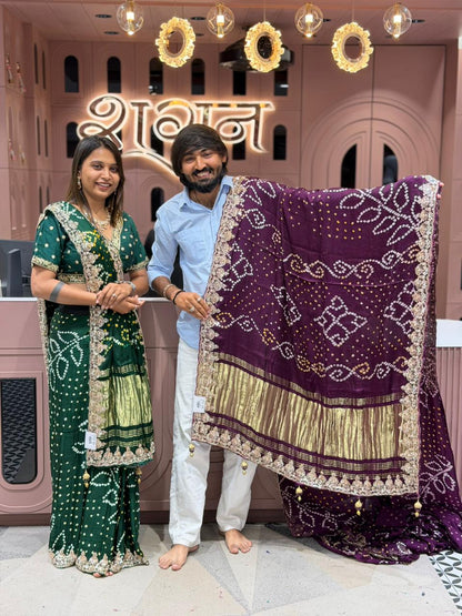 Traditional Pure Gajji Silk Bandhani Saree with Heavy Zari Lagdi Patta & Designer Blouse Piece