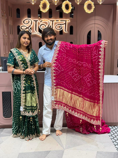 Traditional Pure Gajji Silk Bandhani Saree with Heavy Zari Lagdi Patta & Designer Blouse Piece